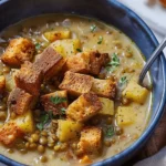 Lentil Potato Soup with Homemade Croutons