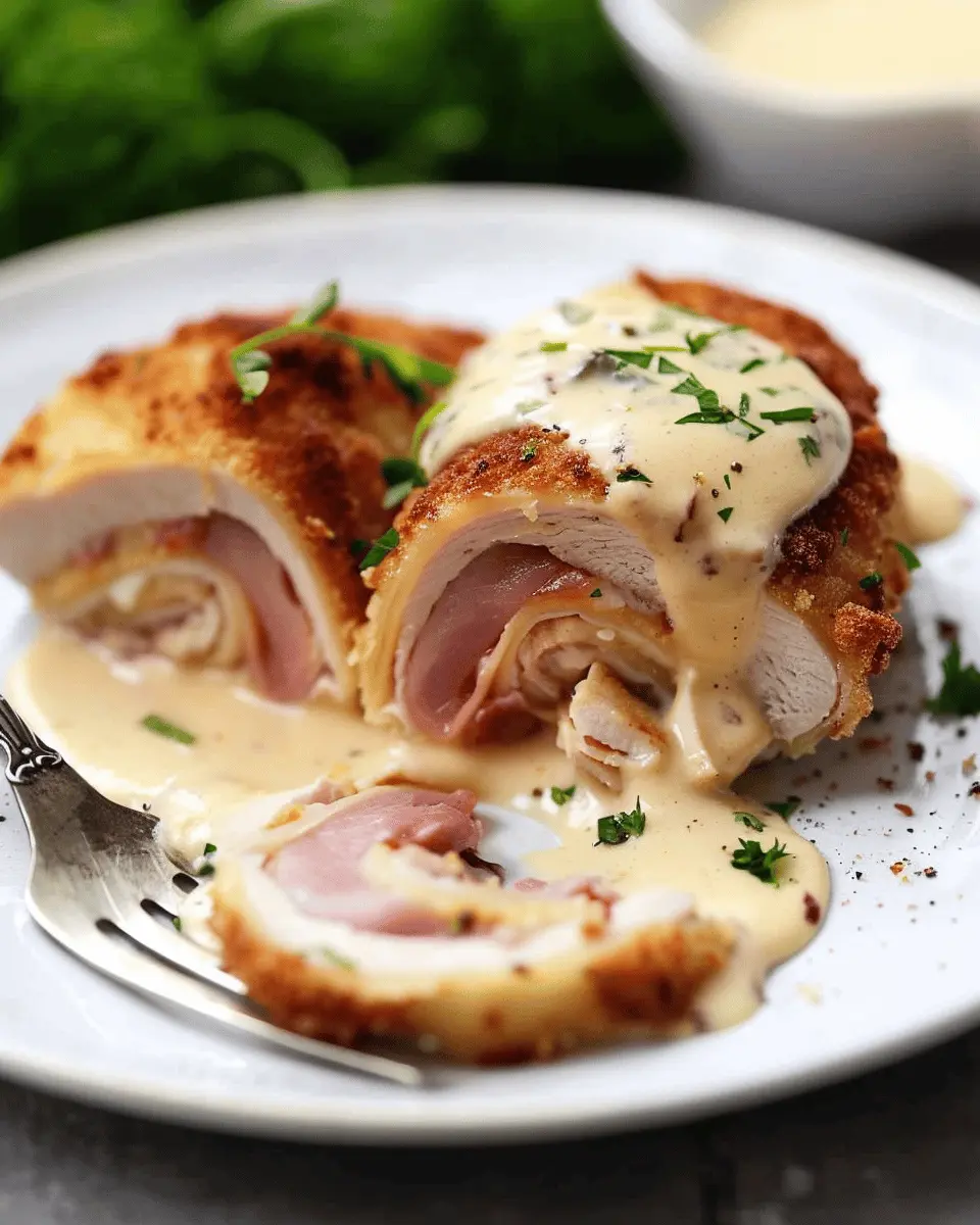 Chicken Cordon Bleu with Dijon Cream Sauce: Indulgent Twist with Turkey Bacon and Chicken Ham