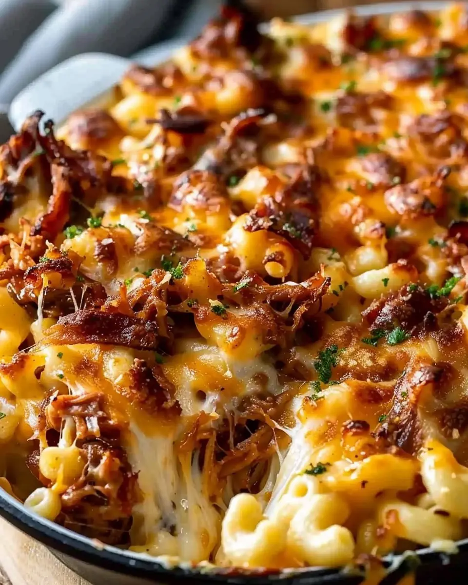 Decadent BBQ Pulled Beef Mac and Cheese with Turkey Bacon Delight
