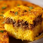 Layered Golden Rice Bake with Spiced Meat
