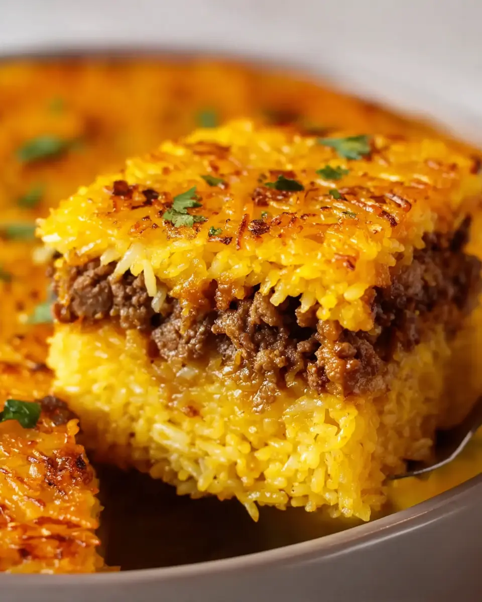 Layered Golden Rice Bake with Spiced Meat and Turkey Bacon Delight
