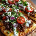Mediterranean Ground Beef Flatbread with Garlic Hot Honey Feta Cream
