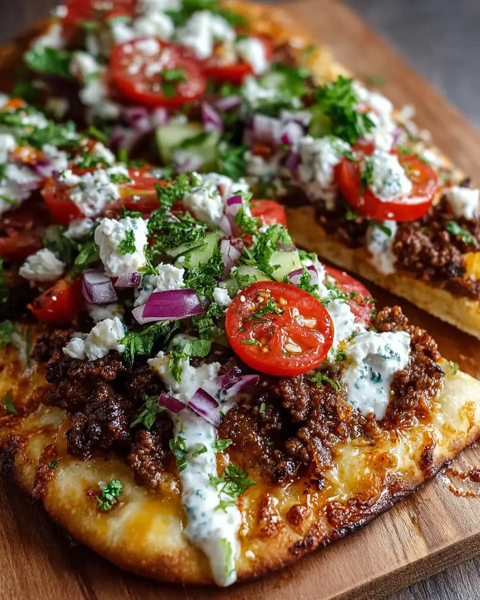 Mediterranean Ground Beef Flatbread with Easy Garlic Hot Honey Feta Cream