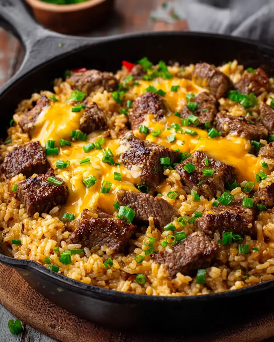 Cheesy Steak and Rice Loaded Skillet Bowl: Easy and Indulgent Recipe