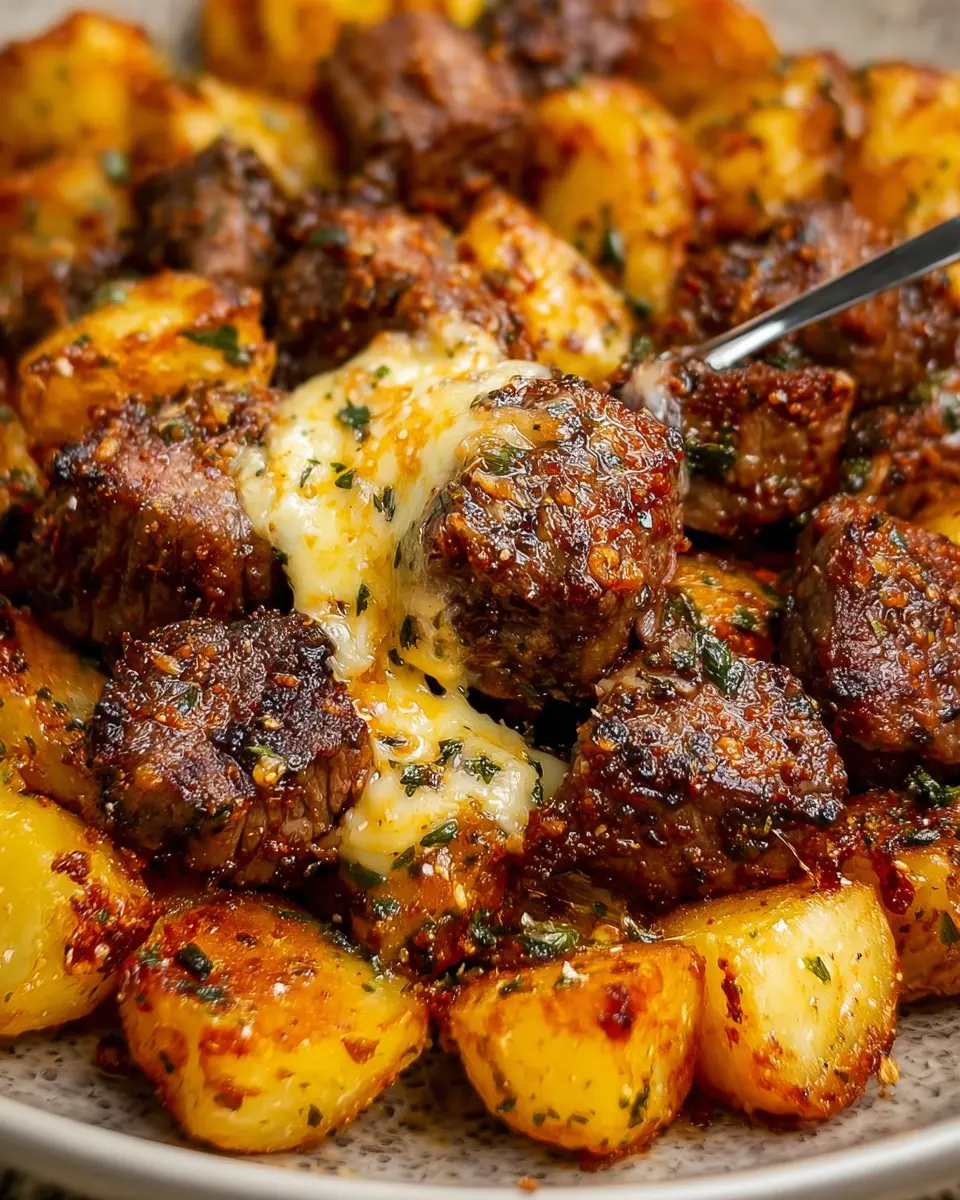 Cheesy Garlic Butter Steak Bites and Crispy Potatoes Delight