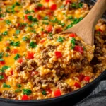 Beefy Rotel Queso Rice Skillet