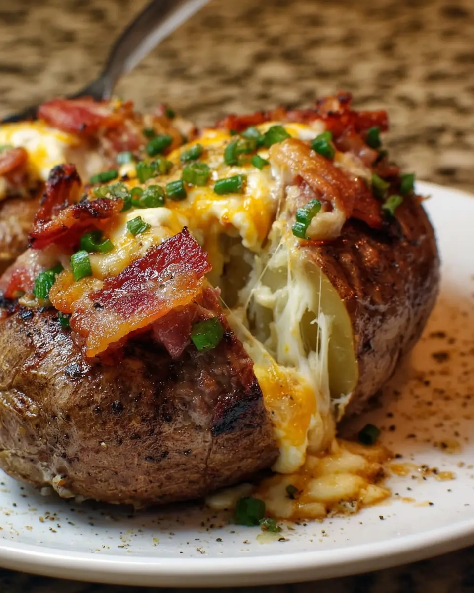 Cheesy Garlic Butter Steak and Turkey Bacon Stuffed Potatoes Delight