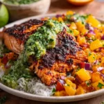 Chipotle Salmon with Orange Salsa and Aji Verde