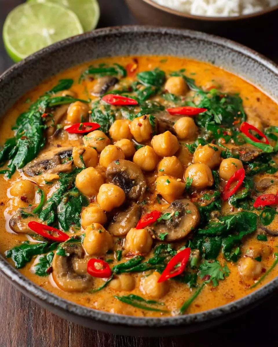 Thai Red Curry Chickpeas: Easy Recipe with Mushrooms and Spinach