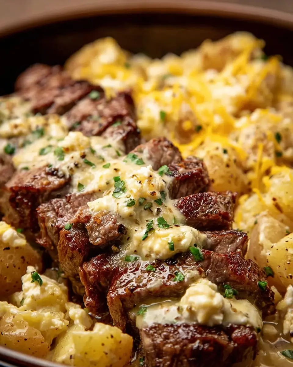 Crockpot Garlic Butter Steak with Creamy Cheddar Ranch Potatoes