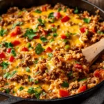 Beefy Rotel Queso Rice Skillet