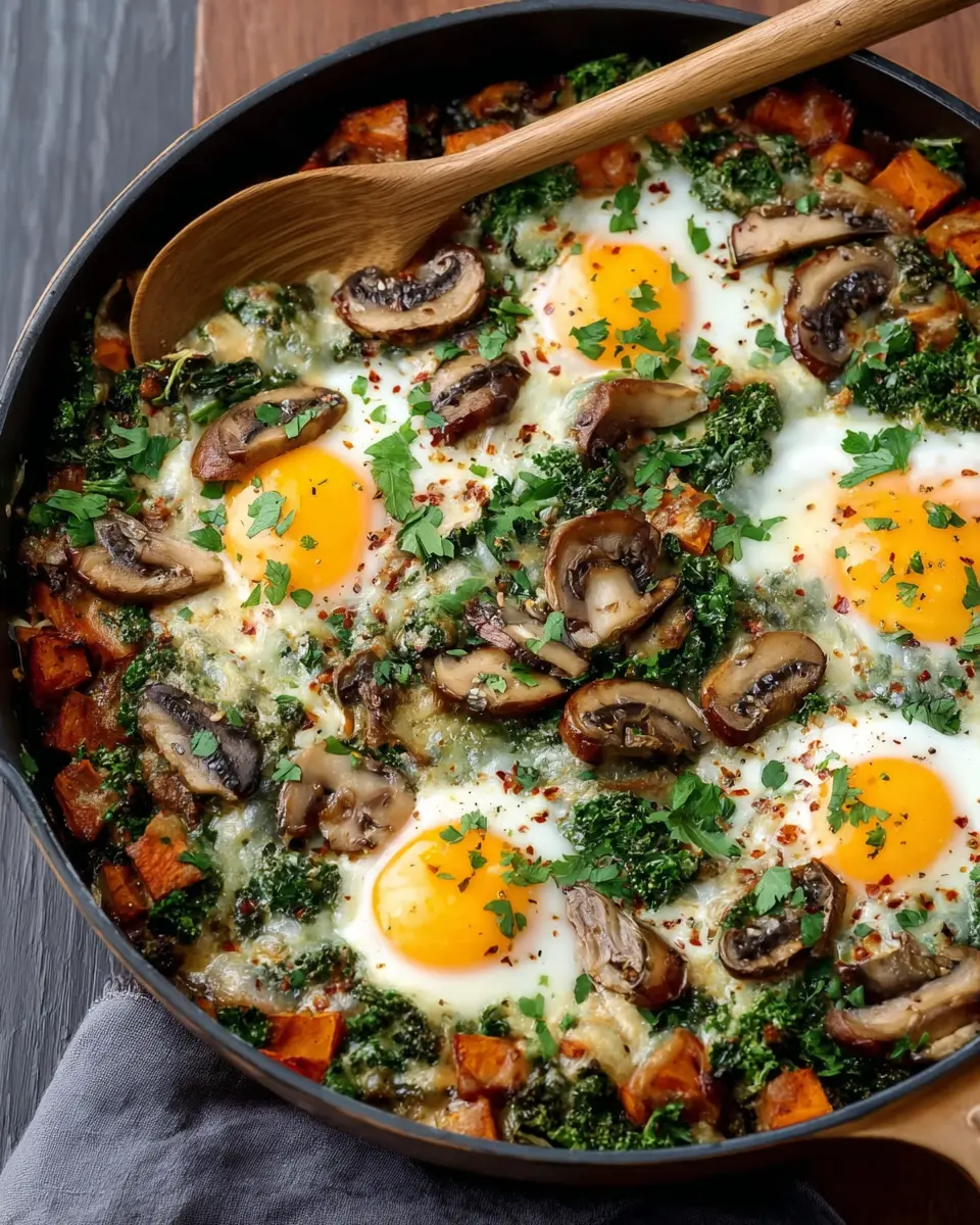 Sweet Potato Mushroom Skillet: Easy Baked Eggs with Turkey Bacon