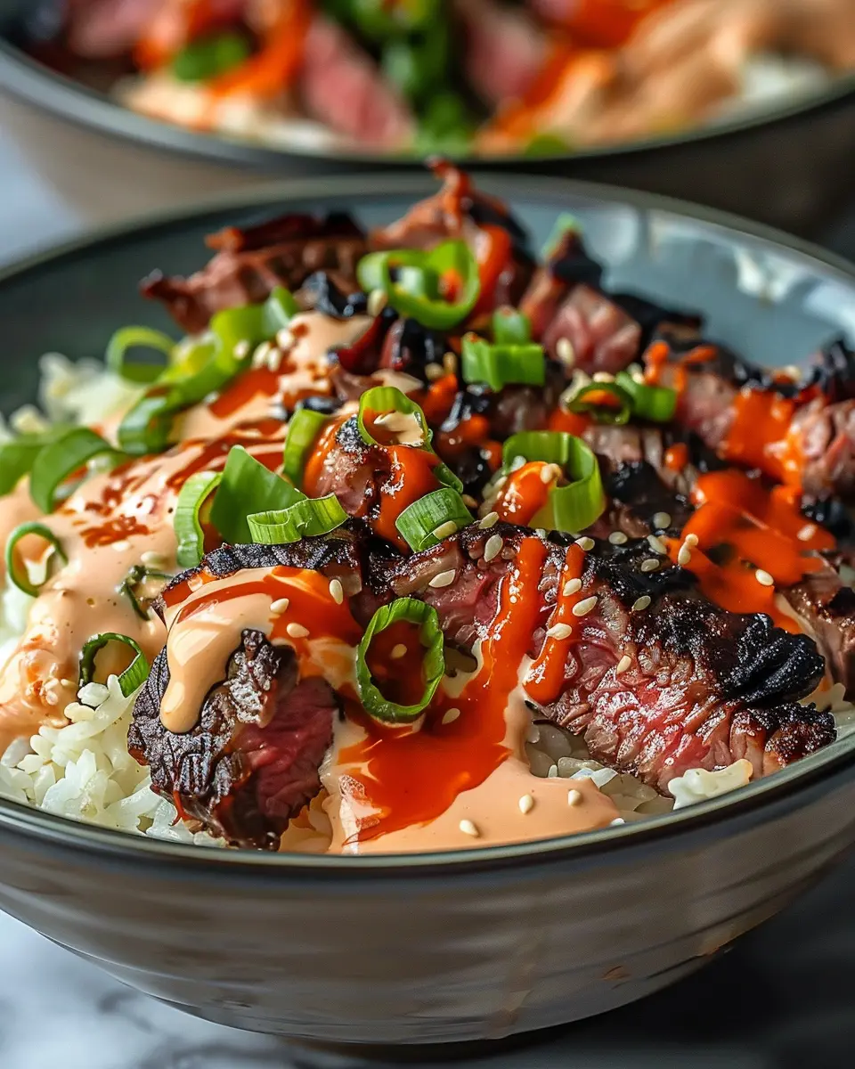 Korean BBQ Steak Rice Bowls with Savory Spicy Cream Sauce