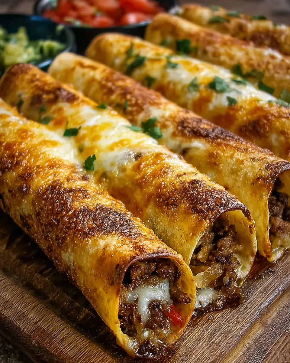 Golden Garlic Butter Burger Taquitos with Turkey Bacon Delight