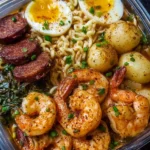 Loaded Shrimp Ramen with Beef Sausage Eggs and Potatoes