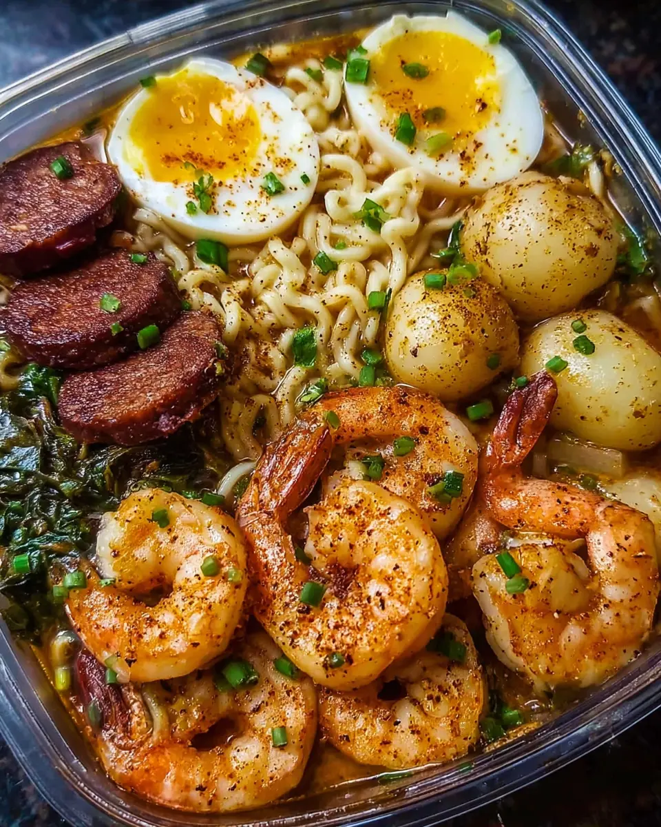 Loaded Shrimp Ramen: Indulgent Recipe with Beef Sausage and Eggs