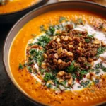 Carrot Soup with Spiced Ground Beef and Pine Nuts