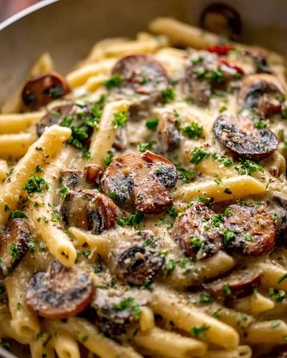 Creamy Mushroom Pasta with Turkey Bacon for a Cozy Dinner