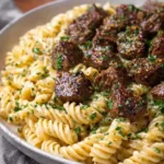 Steak Bites and Creamy Garlic Pasta