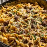 One Pot Creamy Beef and Garlic Butter Pasta