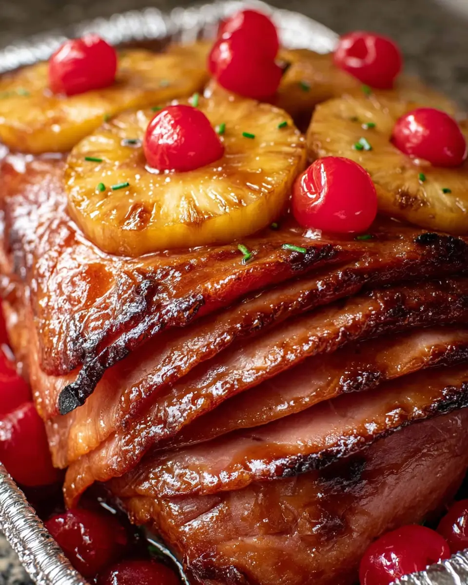 holiday chicken ham with indulgent brown sugar glaze, pineapple, and cherries