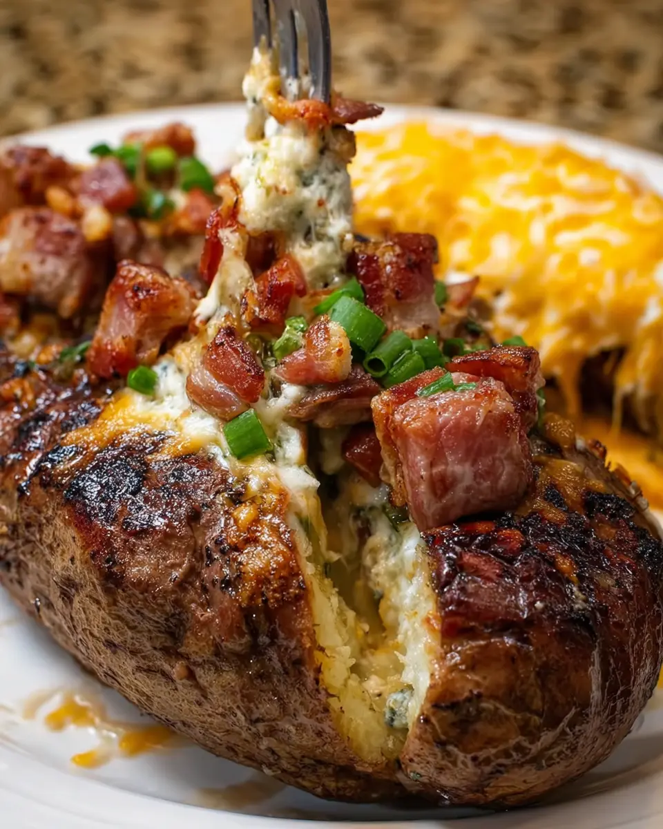Cheesy Garlic Butter Steak and Turkey Bacon Stuffed Potatoes Delight
