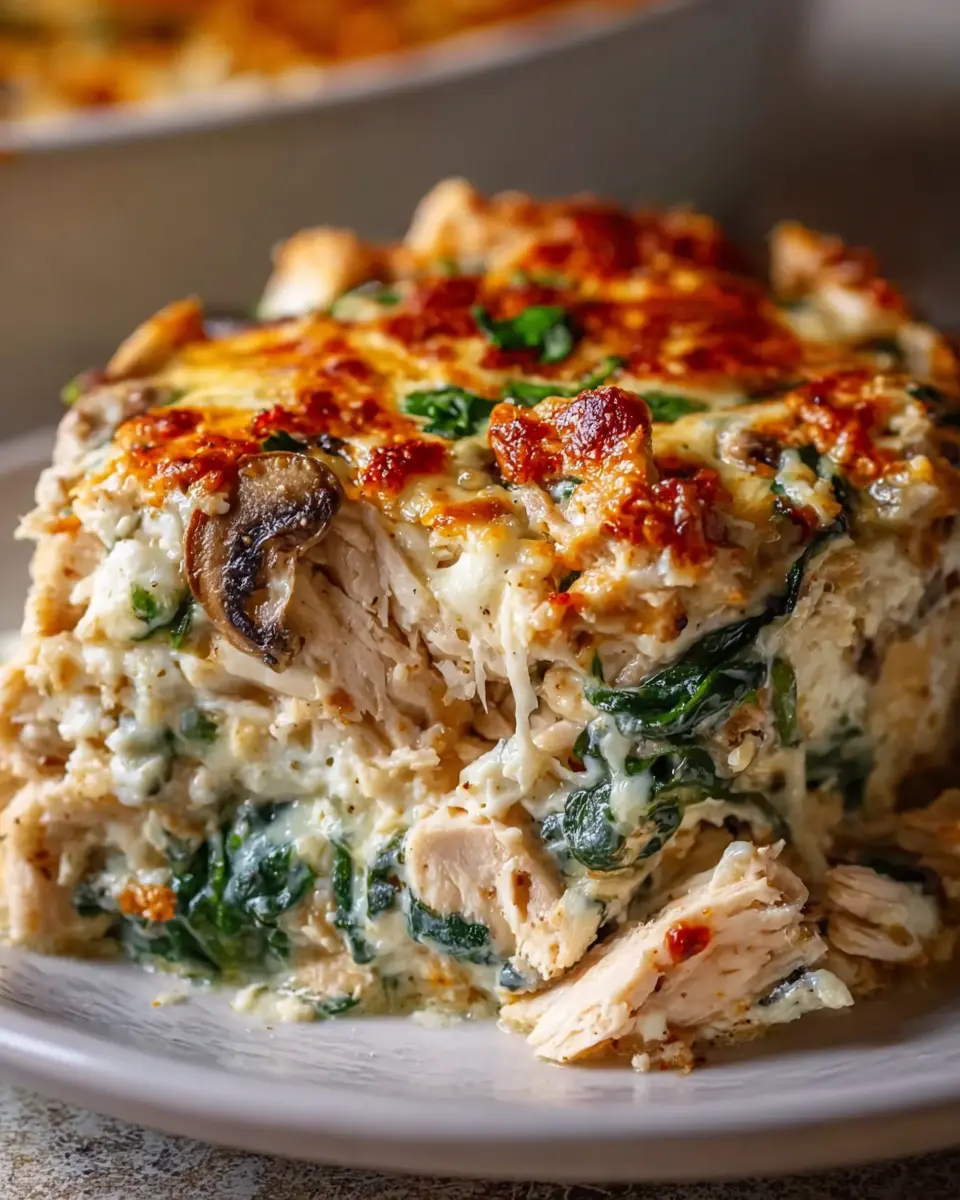 Creamy Cottage Cheese Chicken Mushroom Casserole with Spinach Delight