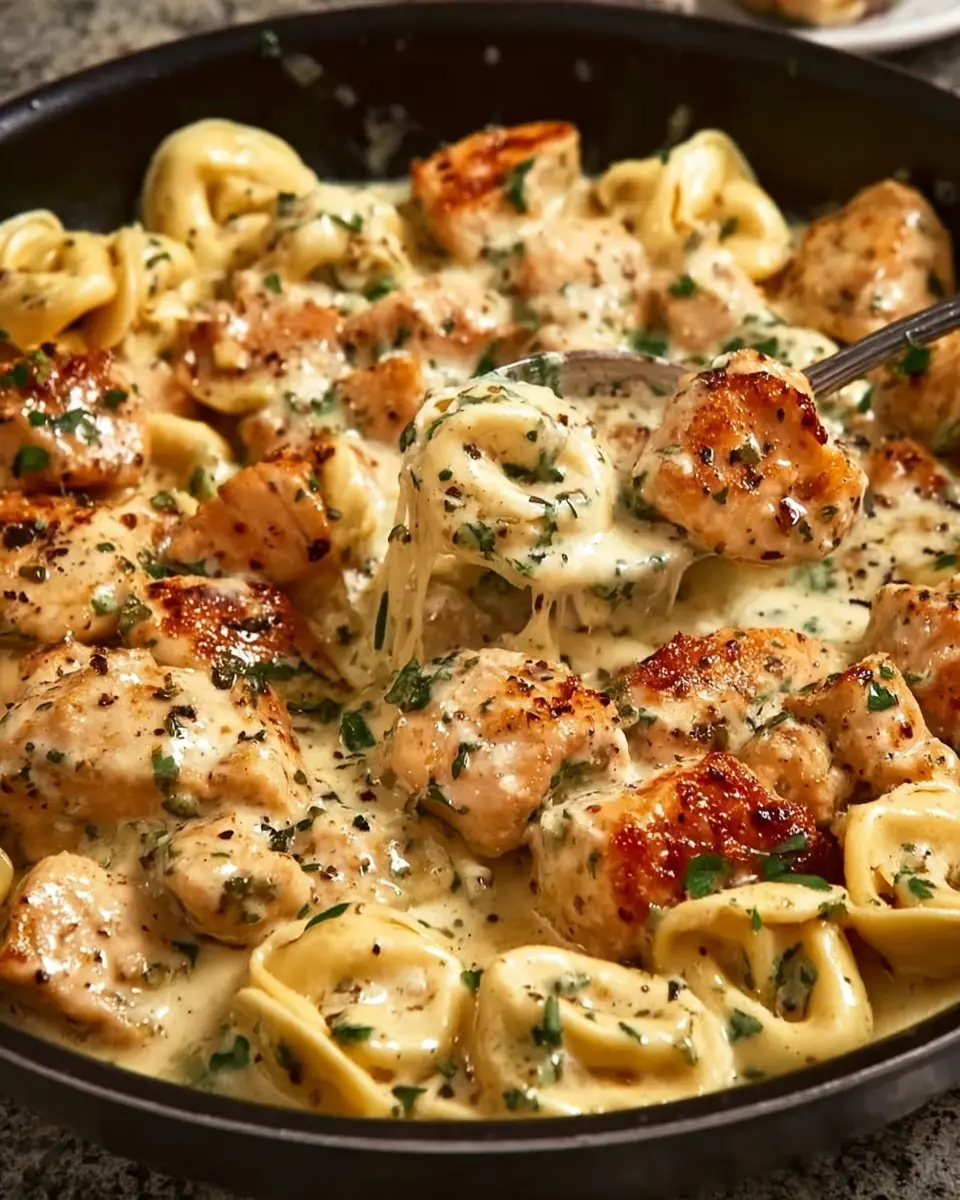 Cheesy Garlic Butter Chicken Alfredo Tortellini Skillet Delight
