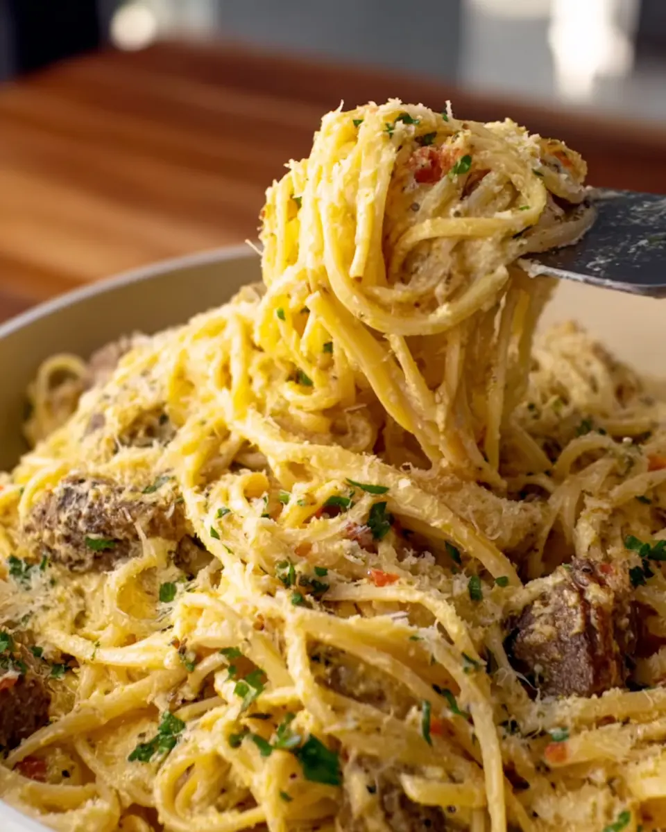 Garlic Butter Beef Spaghetti in Creamy Cheddar Mozzarella Sauce
