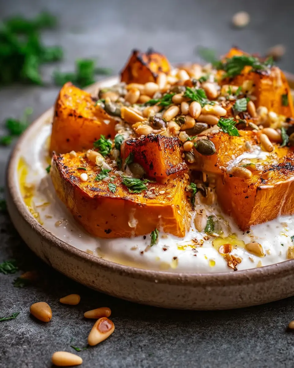 Roasted Pumpkin Recipe with Lemon Yogurt Sauce and Pine Nuts Delight