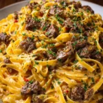 Cajun Garlic Butter Beef Fettuccine in Cheddar Parmesan Cream Sauce