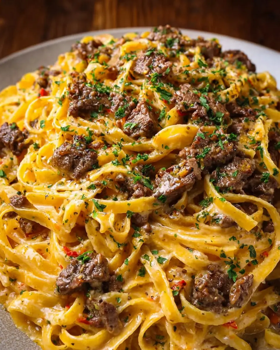 Cajun Garlic Butter Beef Fettuccine in Cheddar Parmesan Cream Sauce: A Rich and Indulgent Delight