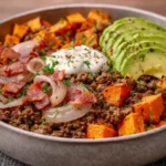 Ground Beef Sweet Potato and Avocado Bowl with Turkey Bacon and Onion