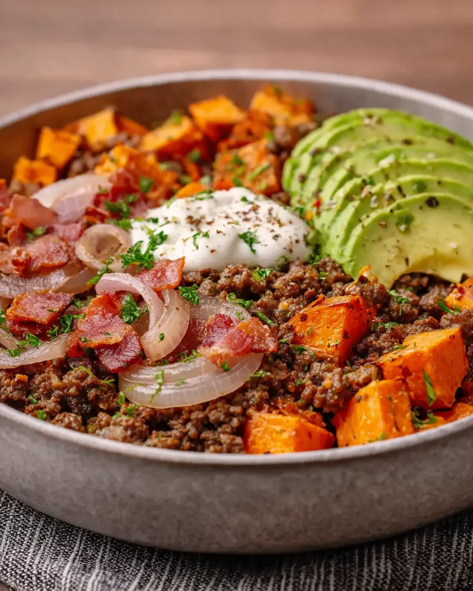 ground beef sweet potato avocado bowl: a healthy turkey bacon delight