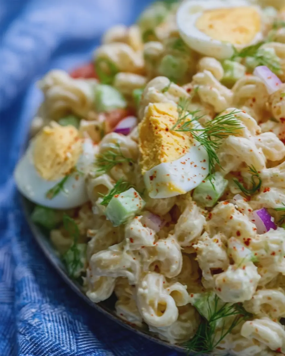 Deviled Egg Pasta Salad with Turkey Bacon and Chicken Ham Delight