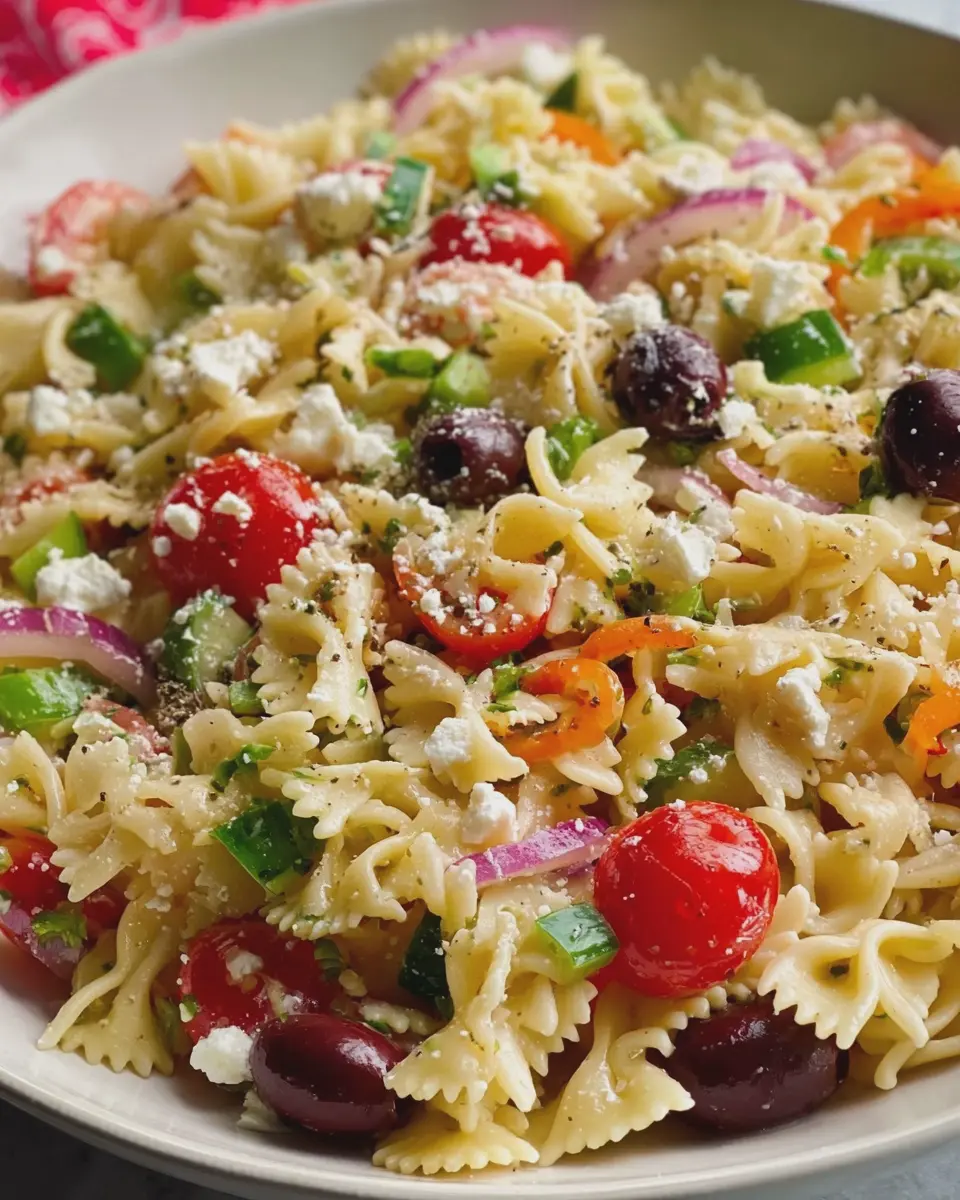 Easy Greek Style Pasta Salad with Turkey Bacon and Chicken Ham