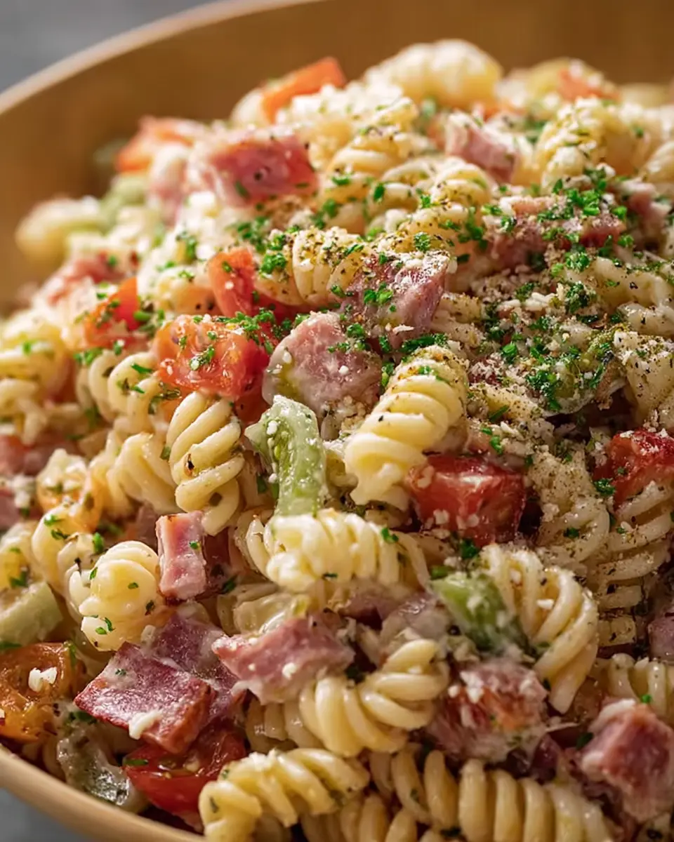 Muffaletta Pasta Salad: Easy Recipe with Turkey Bacon and Chicken Ham