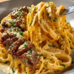 Garlic Butter Beef Linguine in Creamy Cheddar Parmesan Sauce