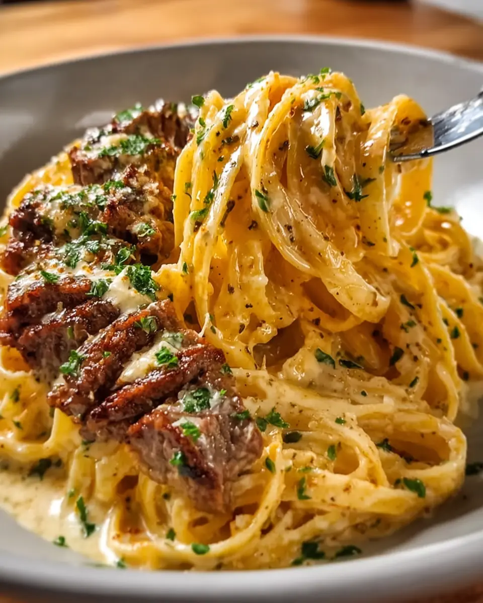 Garlic Butter Beef Linguine: Indulgent Creamy Cheddar Parmesan Delight