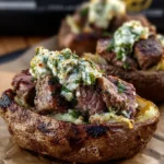 Grilled Steak Bite Loaded Baked Potatoes with Garlic Herb Butter
