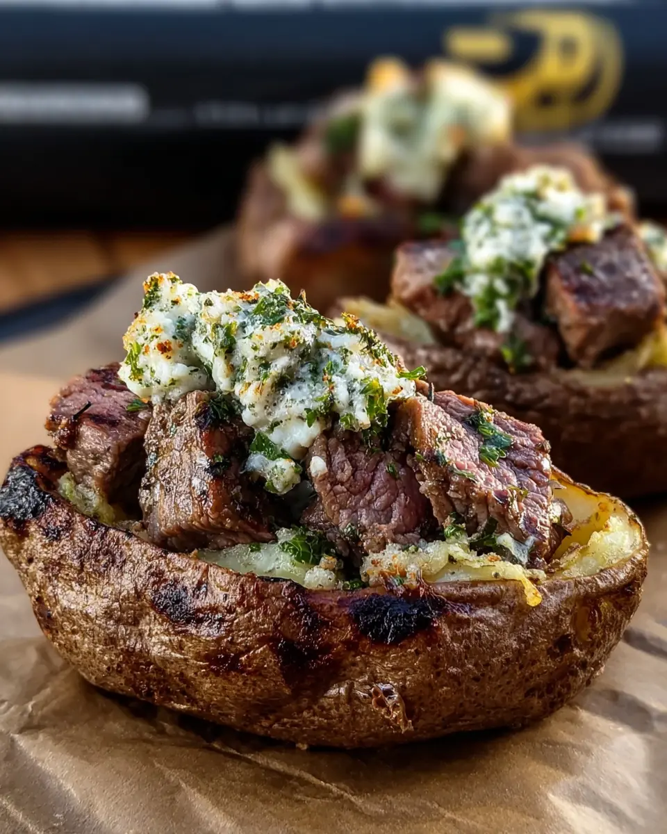 Grilled Steak Bite Loaded Baked Potatoes with Garlic Herb Butter Delight