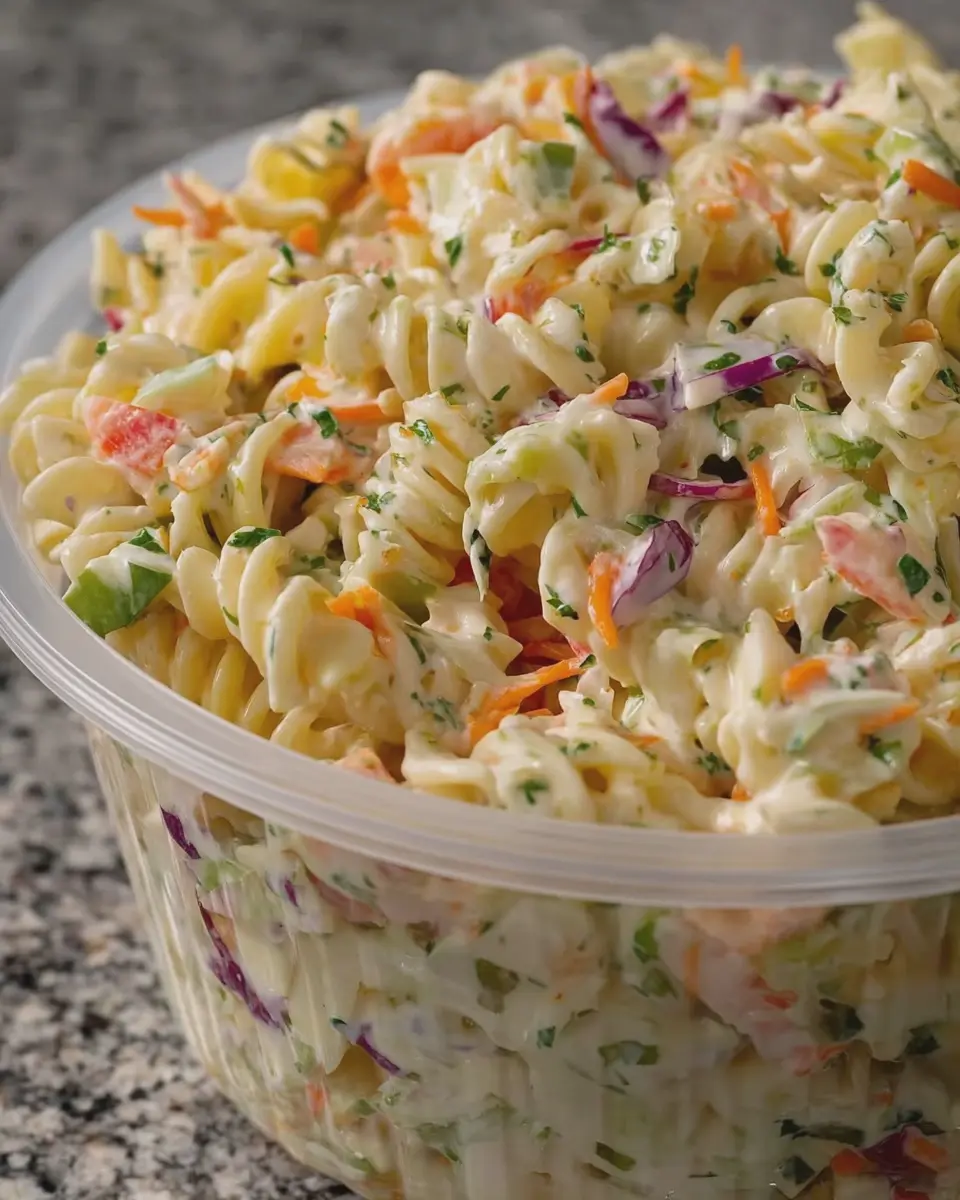 Creamy Coleslaw Pasta Salad with Turkey Bacon and Chicken Ham