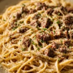 Garlic Butter Beef Linguine in Creamy Parmesan Sauce