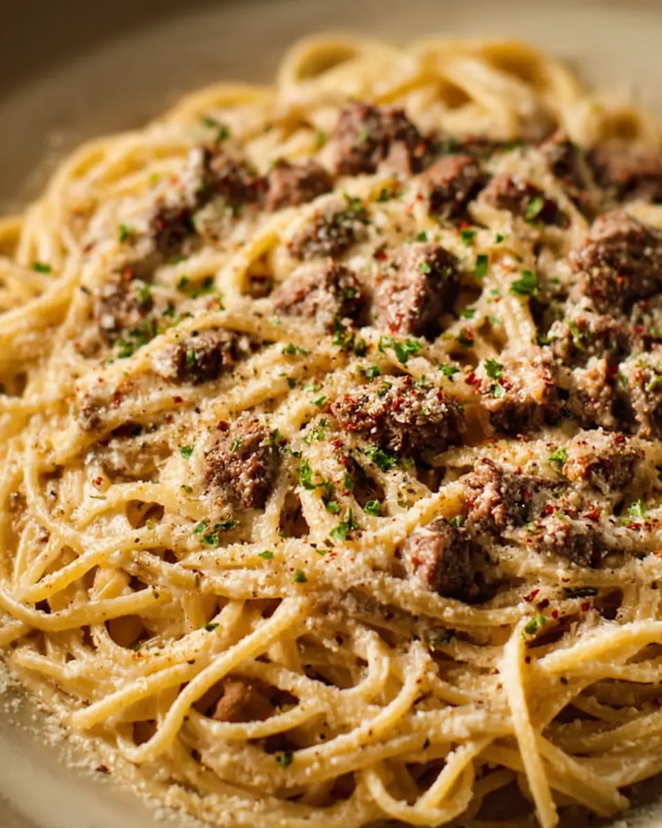Garlic Butter Beef Linguine: Indulgent Creamy Parmesan Delight