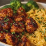 Honey Garlic Chicken Bites with Cheesy Broccoli Rice