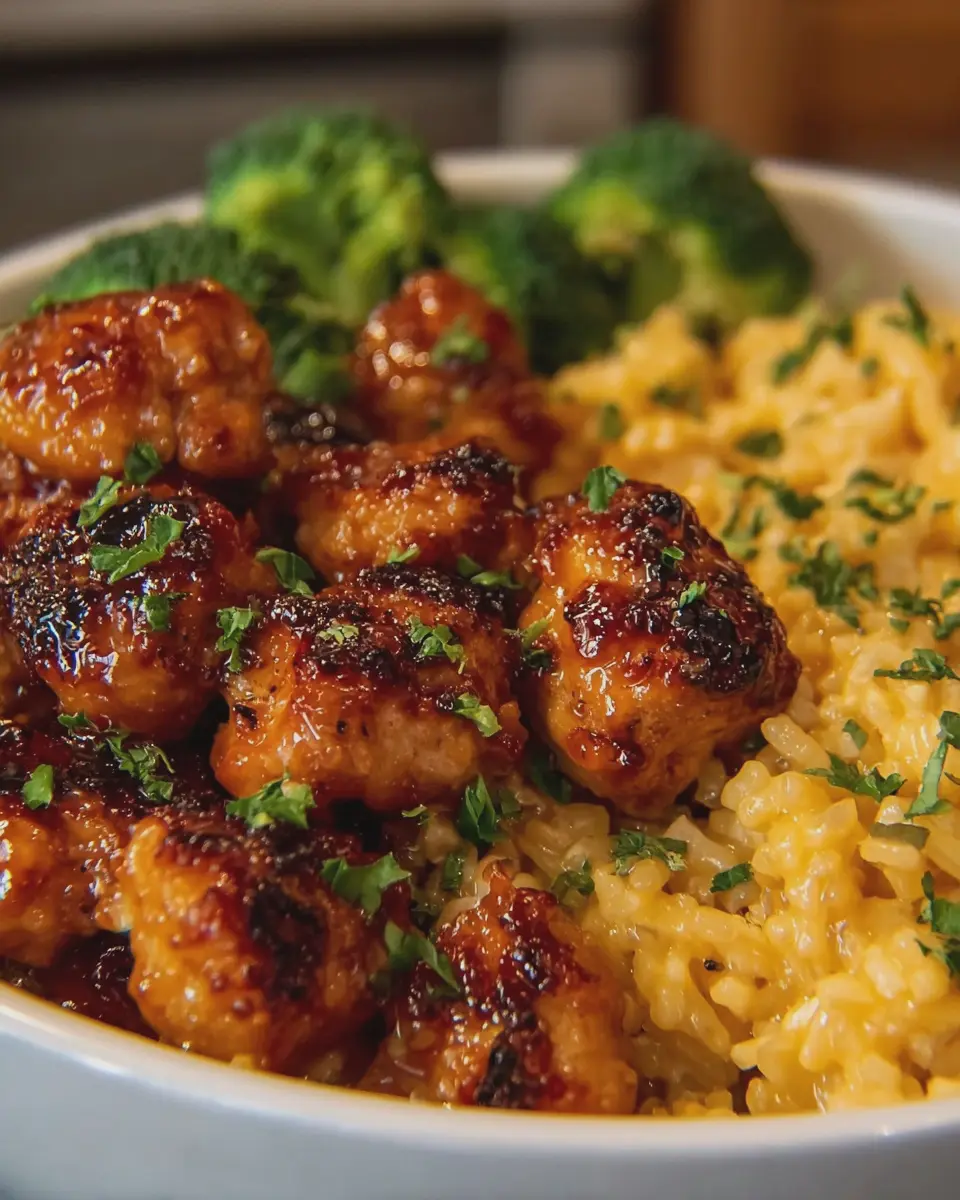 Honey Garlic Chicken Bites: Easy Cheesy Broccoli Rice Delight