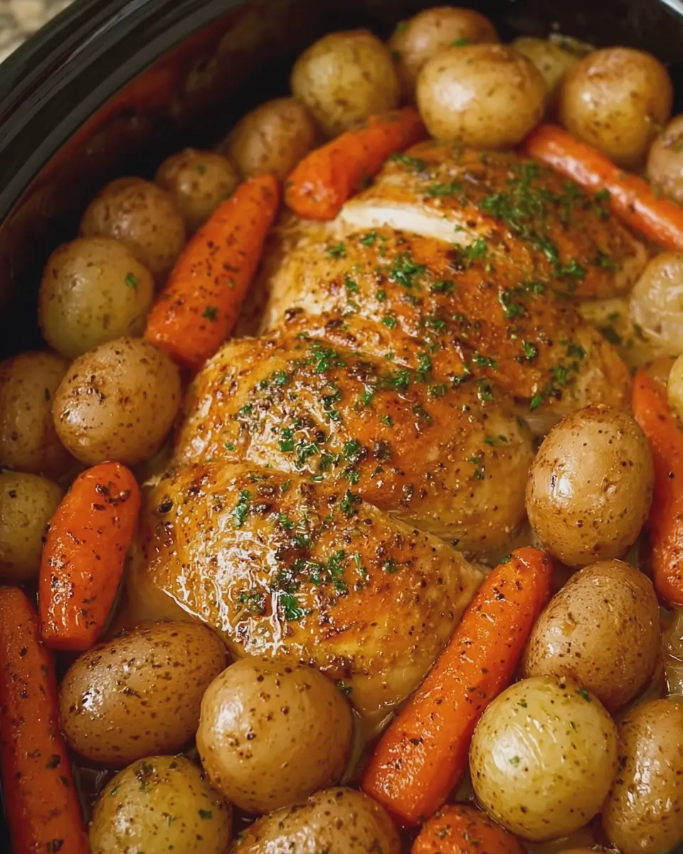 Crockpot Honey Ranch Chicken with Baby Carrots &amp; Buttery Potatoes