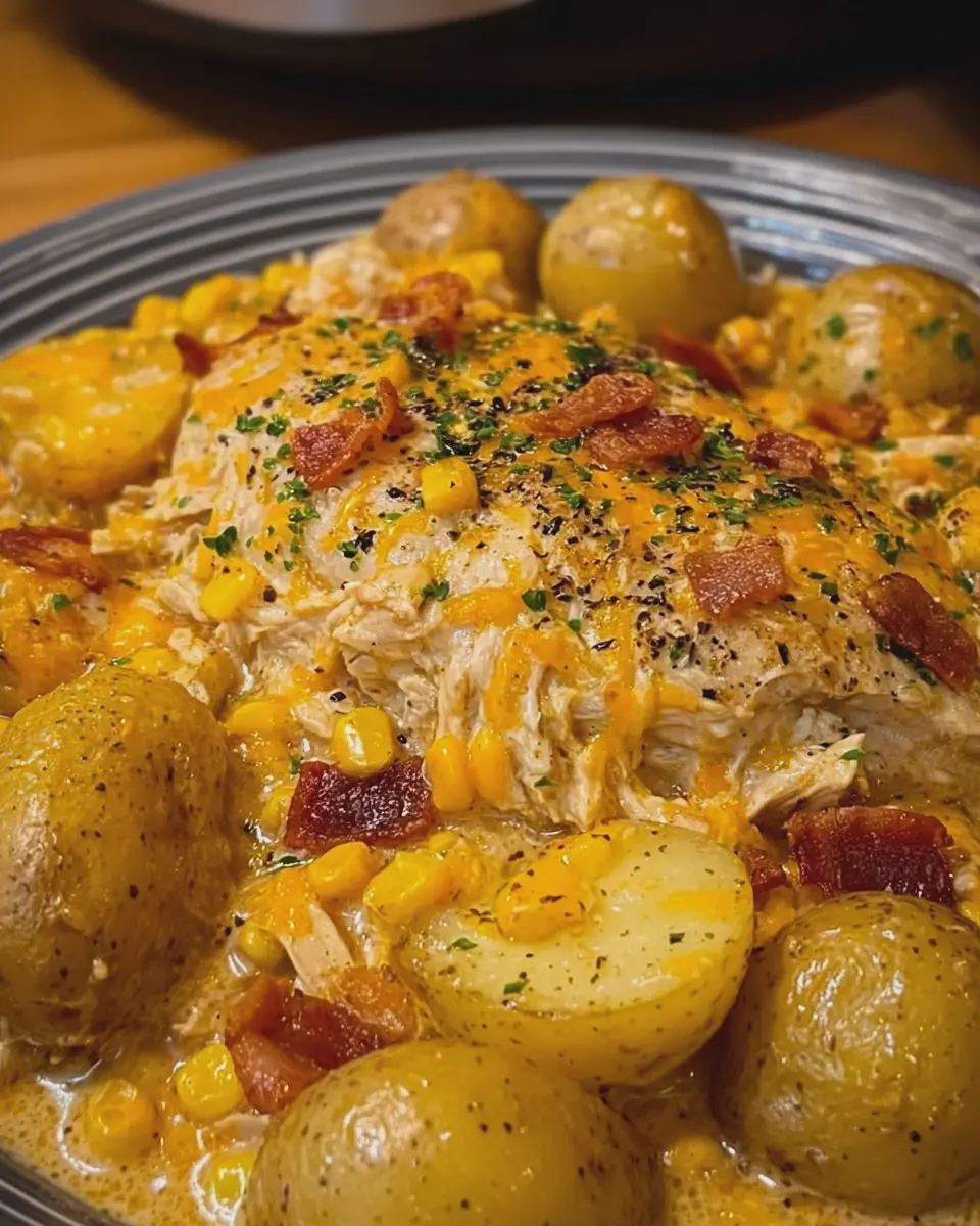 Crockpot Creamy Cheddar Chicken: Easy Corn & Baby Potatoes Delight