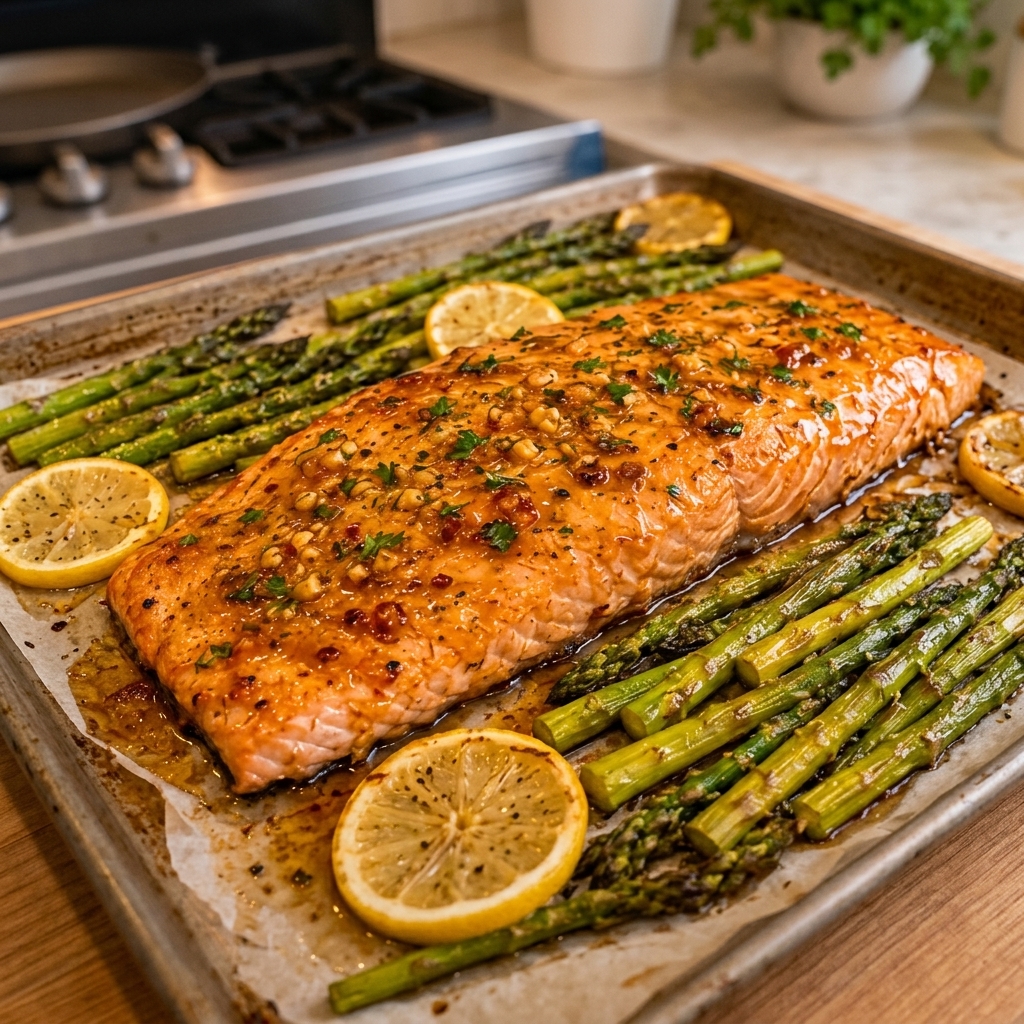 Honey Garlic Butter Baked Salmon: Easy Roast Asparagus & Lemon Delight