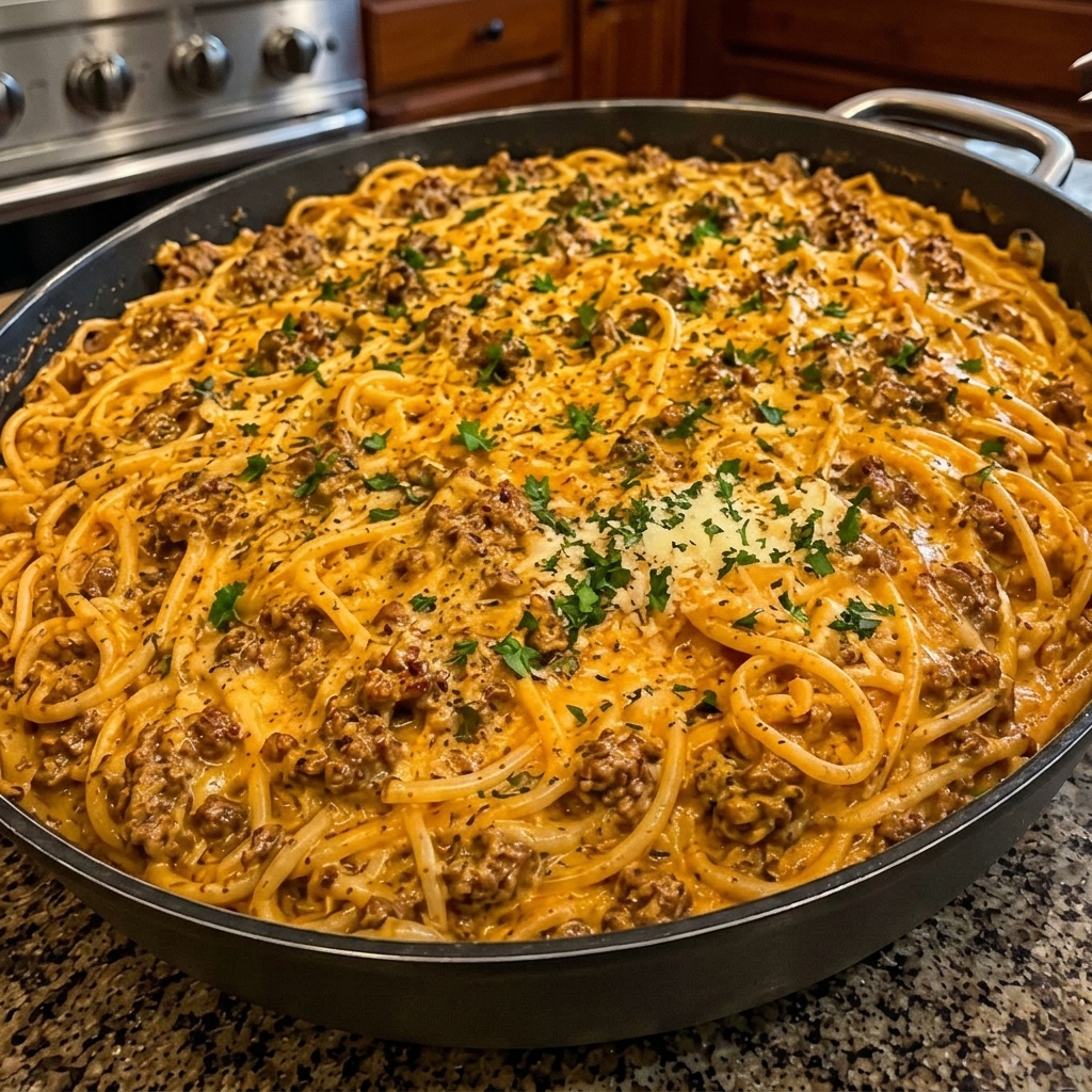 Cheesy Beef Spaghetti in Savory Garlic Cheddar Butter Cream Bliss